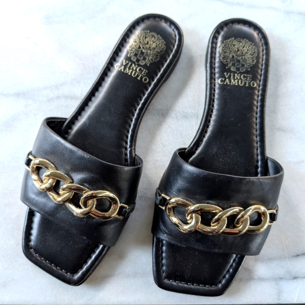 Vince Camuto Black Leather Sandals, Champagne Gold Chain